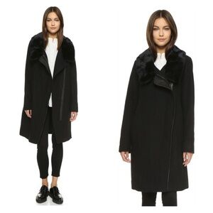 Vince Fur Collar Leather Trim Asymmetrical Coat